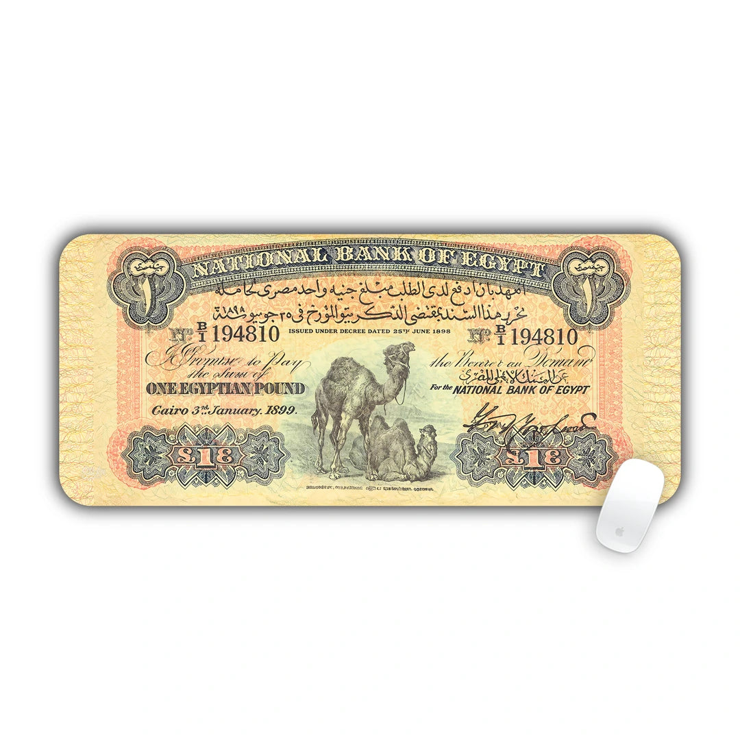 Historic 1899 National Bank of Egypt one pound banknote featuring twin camels in the desert desk pad 70x30