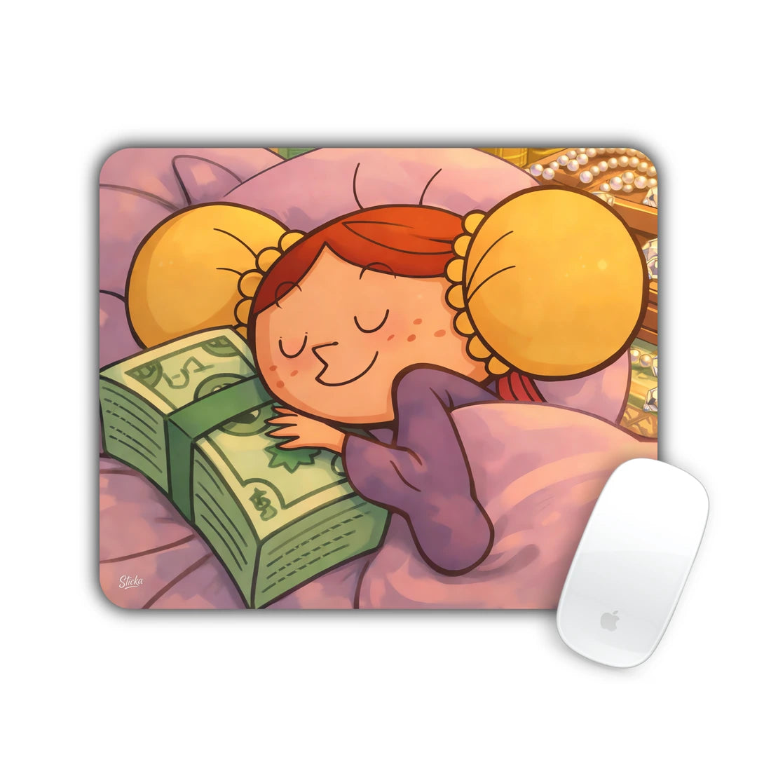 Cartoon girl sleeping happily hugging stacks of cash in a pink bed mouse pad 23x19