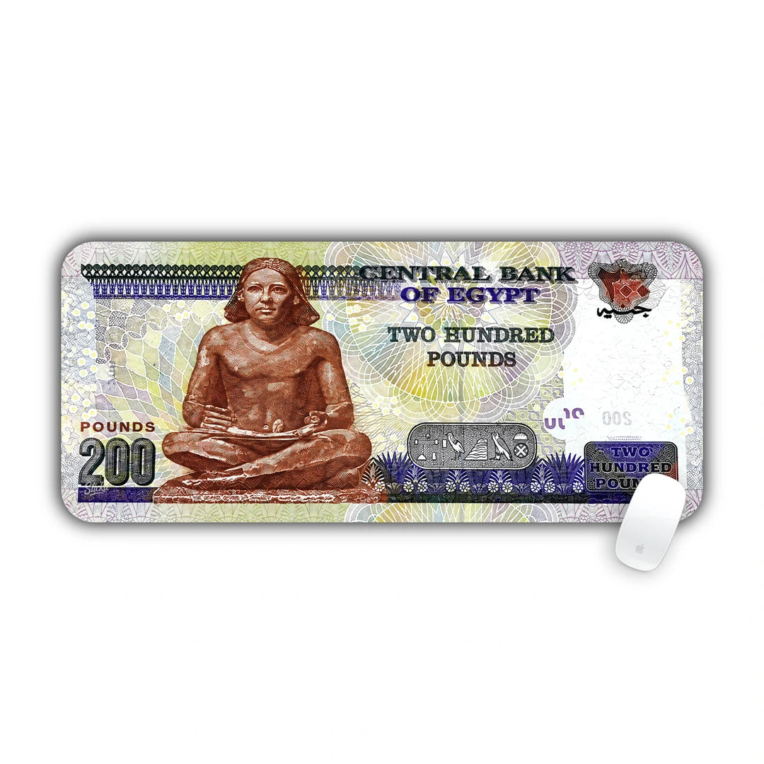 English reverse of the Egyptian two hundred pounds banknote featuring the ancient Egyptian Seated Scribe statue desk pad 70x30