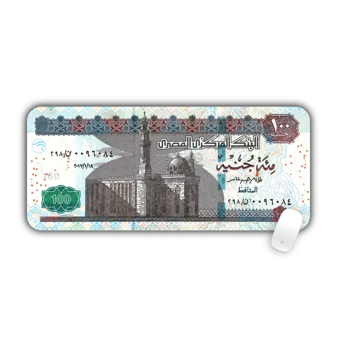Arabic face of the Egyptian one hundred pounds banknote featuring Sultan Hassan Mosque in Cairo desk pad 70x30