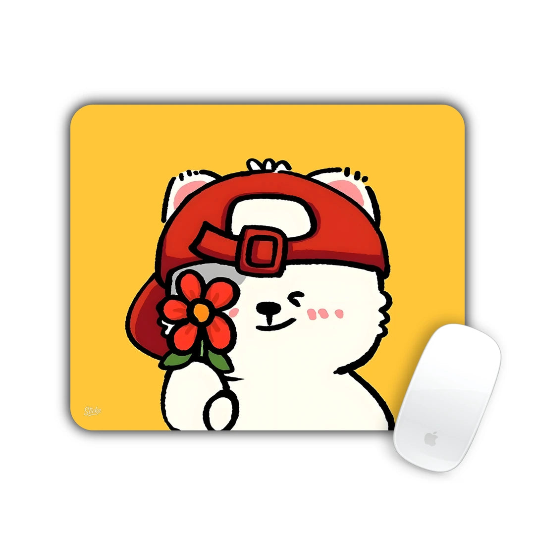 White bear in a red cap holding a red flower on yellow mouse pad 23x19