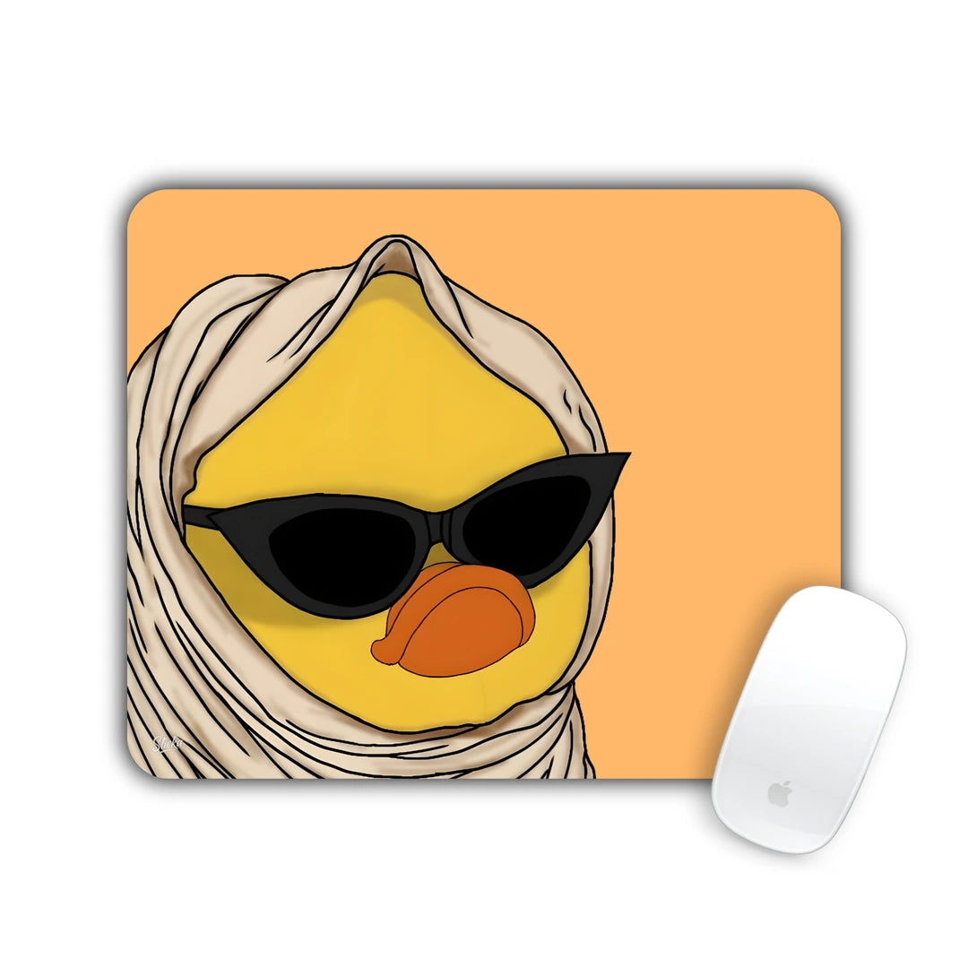 Yellow duck in a headscarf and black sunglasses on peach mouse pad 23x19
