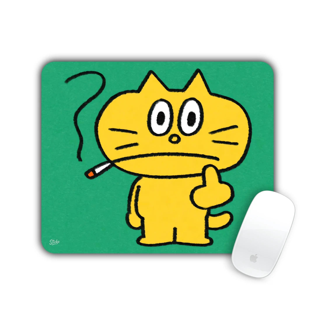 Wide-eyed yellow cartoon cat giving a thumbs up on green mouse pad 23x19