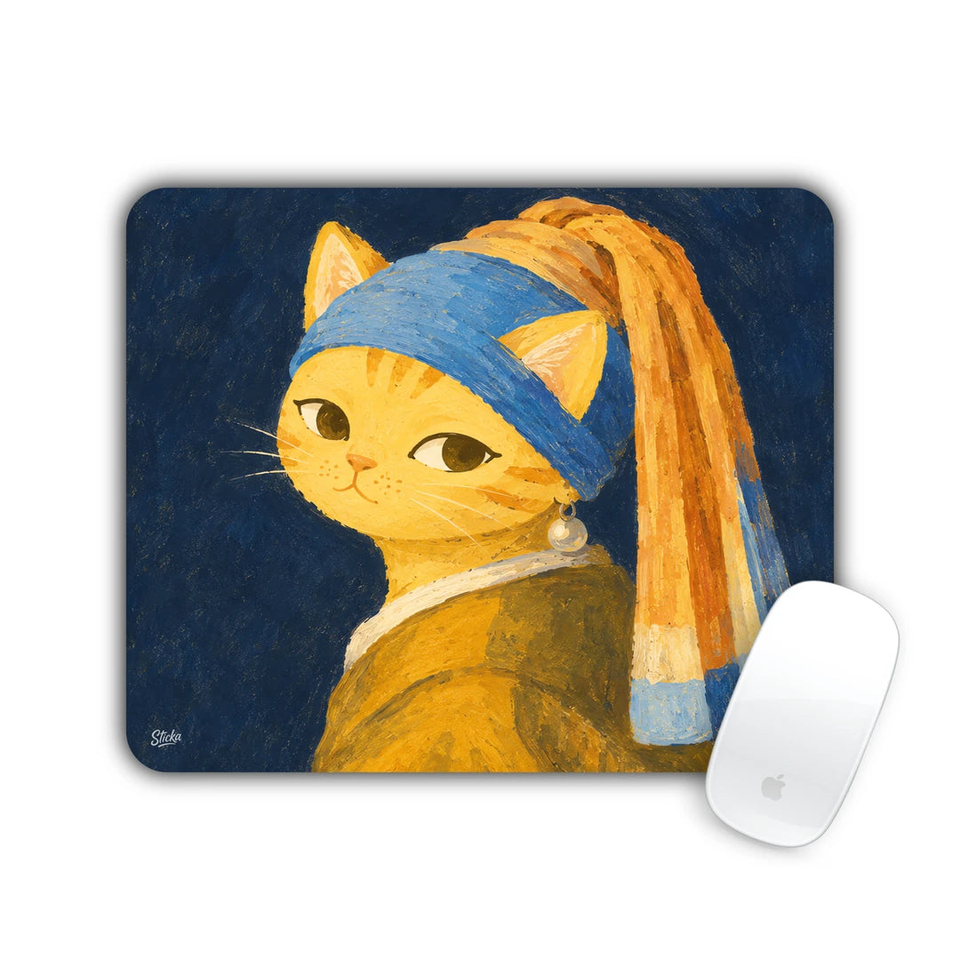Orange cat in a blue turban and pearl earring, parody of the Vermeer painting mouse pad 23x19