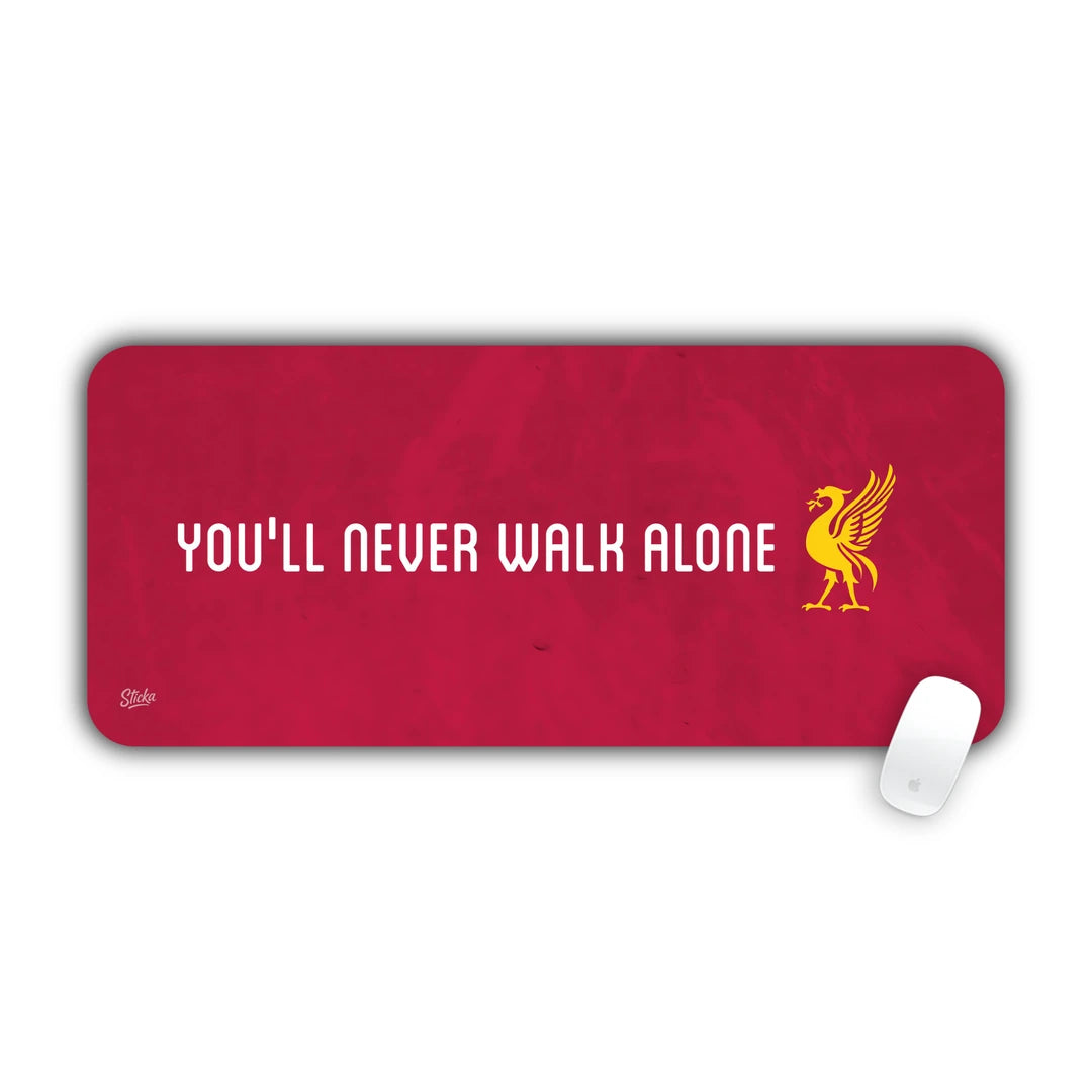Liverpool FC You'll Never Walk Alone anthem typography with golden Liverbird desk pad 70x30