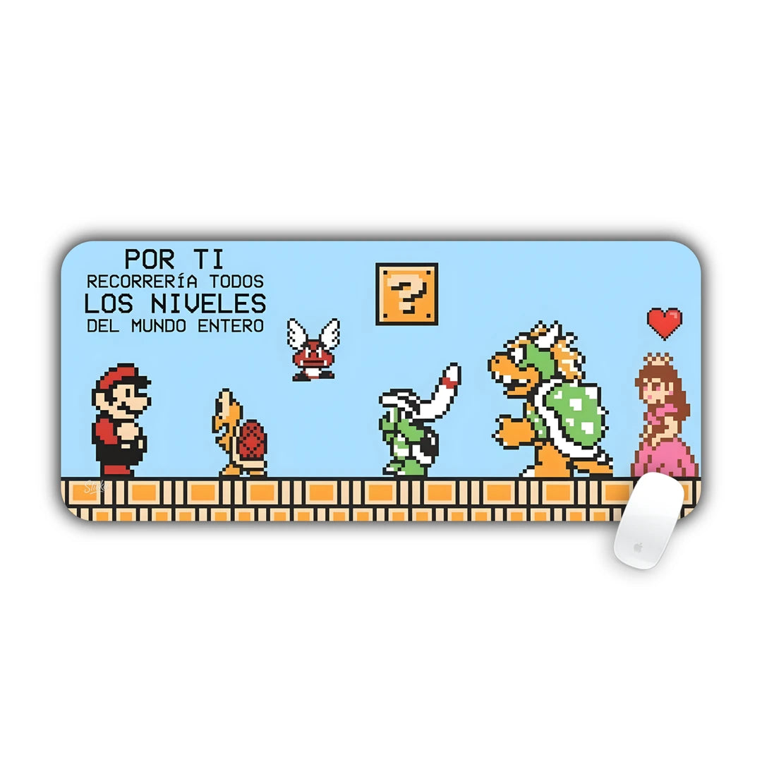 8-bit Super Mario retro pixel scene with Bowser and Princess Peach desk pad 70x30