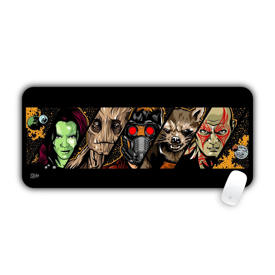 Guardians of the Galaxy comic art portrait of Star-Lord, Gamora, Groot, Rocket and Drax desk pad 70x30