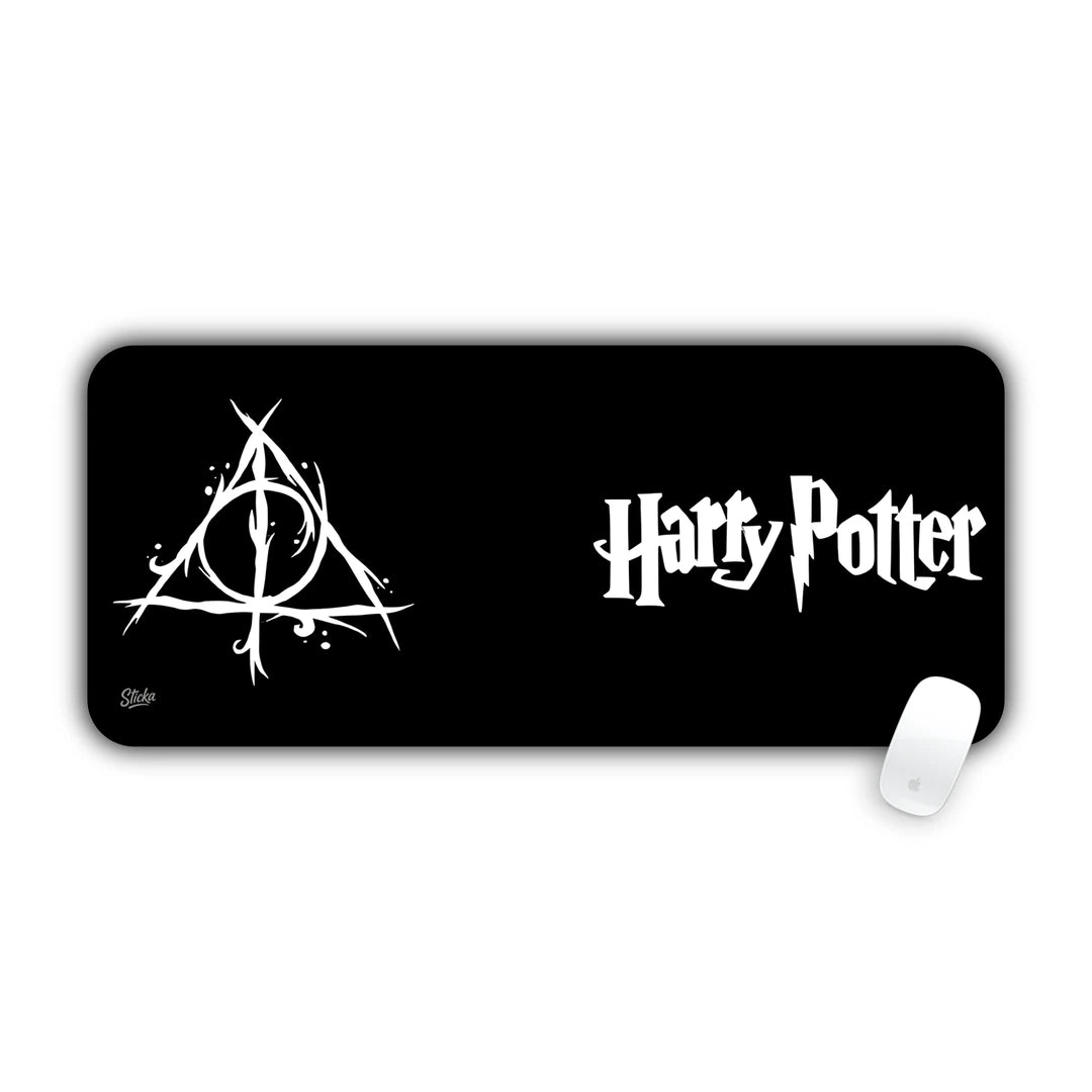Deathly Hallows symbol and Harry Potter logo on solid black background desk pad 70x30