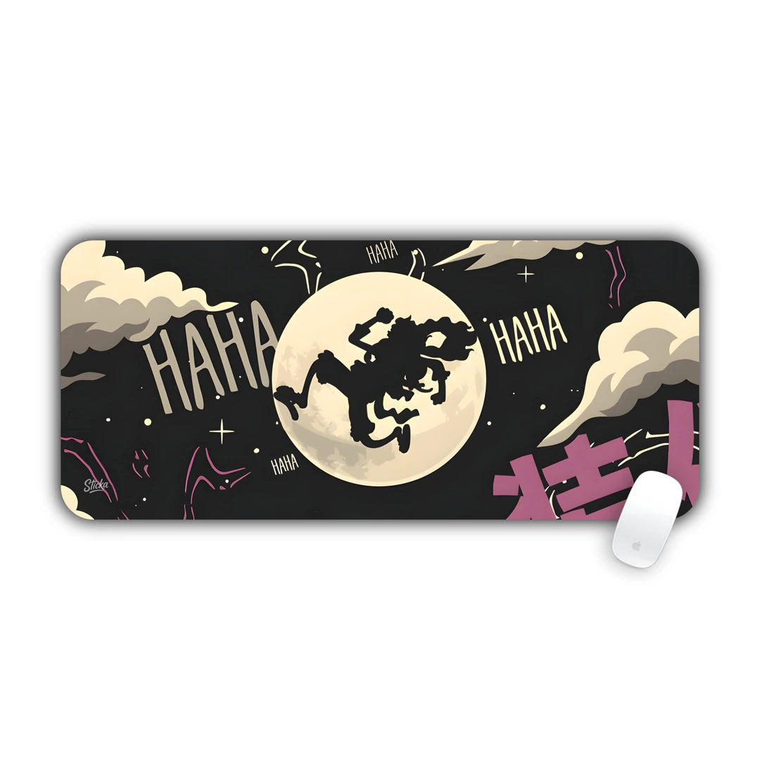 Monkey D Luffy Gear 5 silhouette laughing against a giant full moon desk pad 70x30