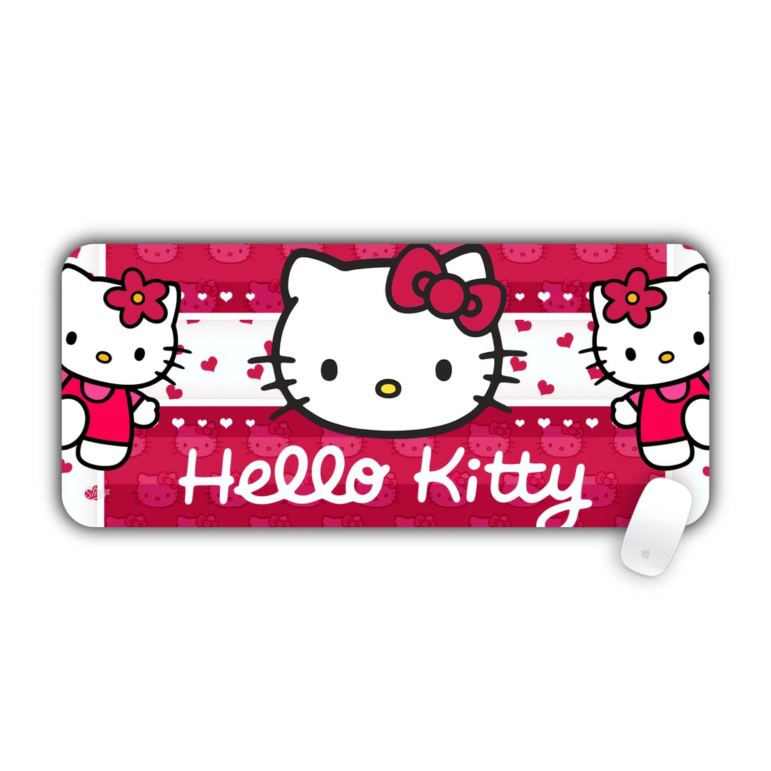Hello Kitty smiling face with bow surrounded by mini kitties on red dotted background desk pad 70x30