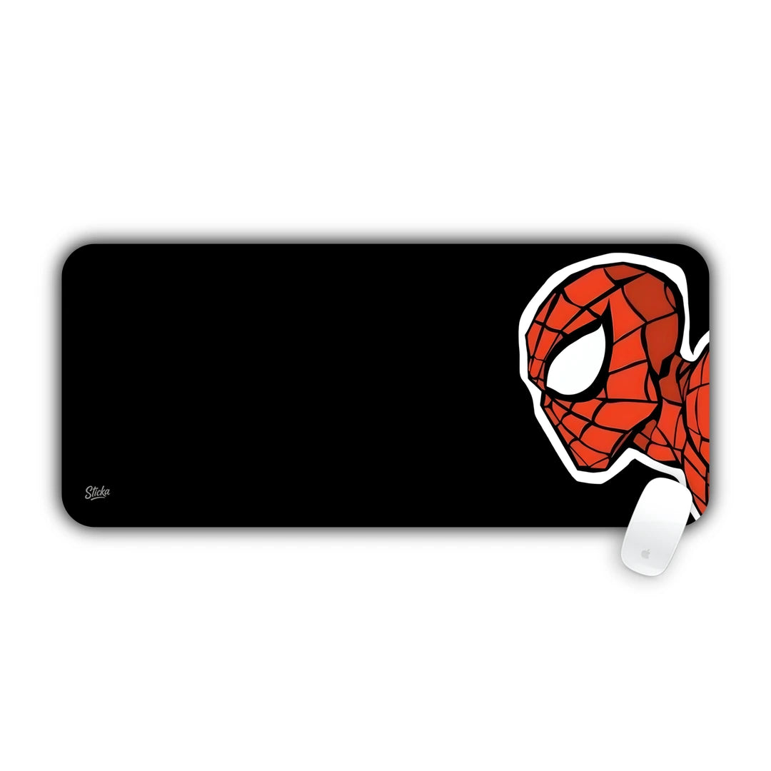 Spider-Man mask peeking from corner on minimalist solid black background desk pad 70x30