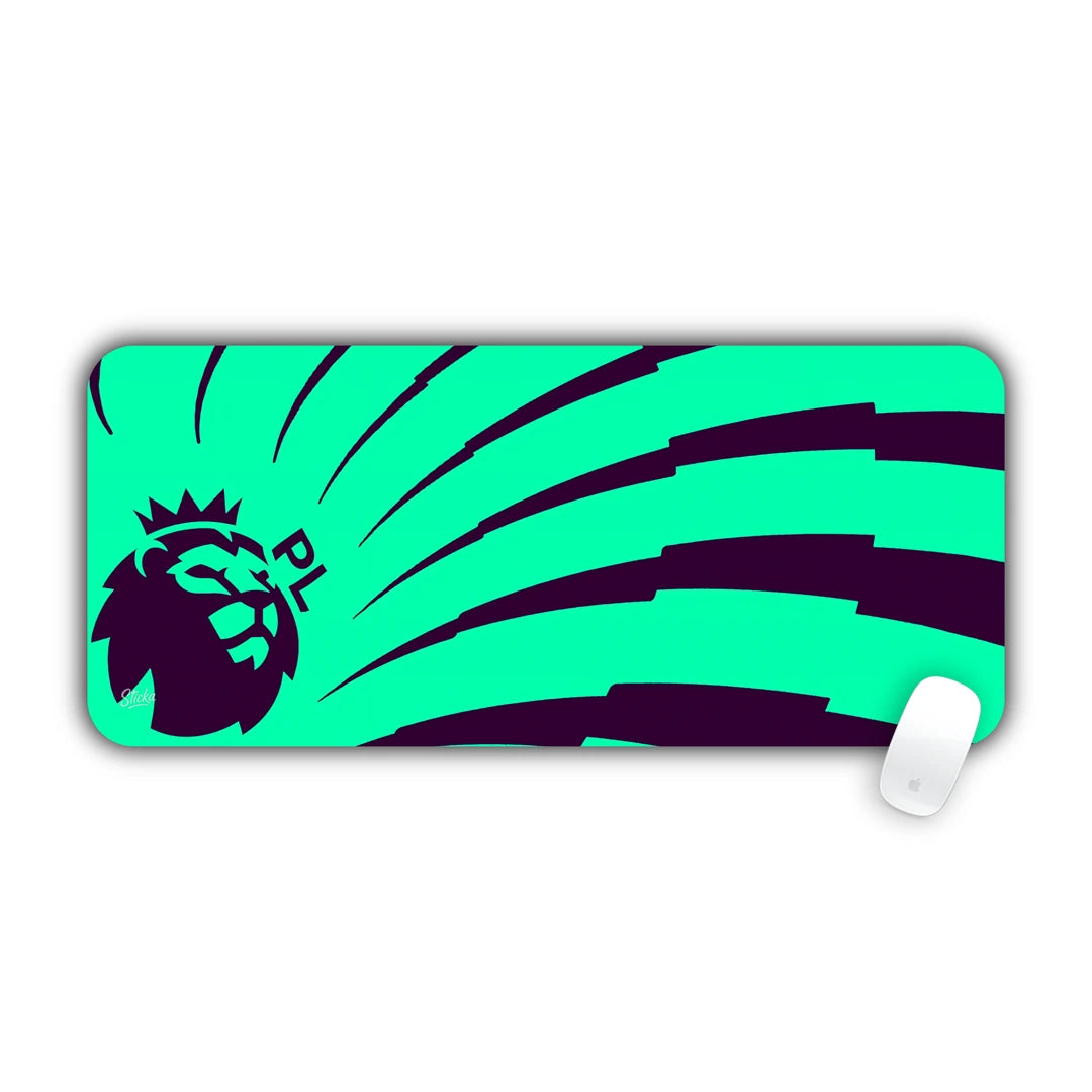 Premier League crowned lion head logo on vibrant cyan and teal radial burst background desk pad 70x30