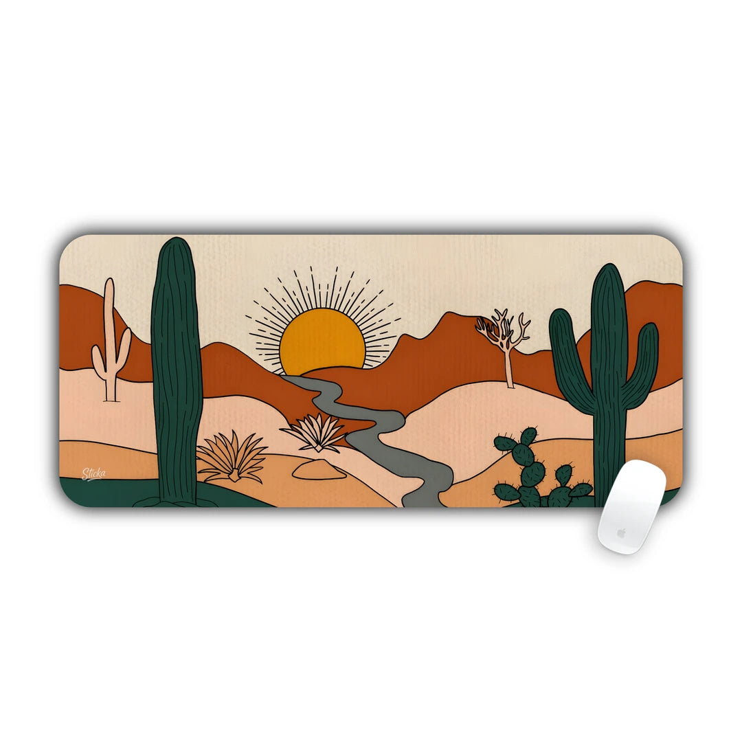 Bohemian desert landscape with saguaro cacti, hills, and a setting sun in warm earth tones desk pad 70x30
