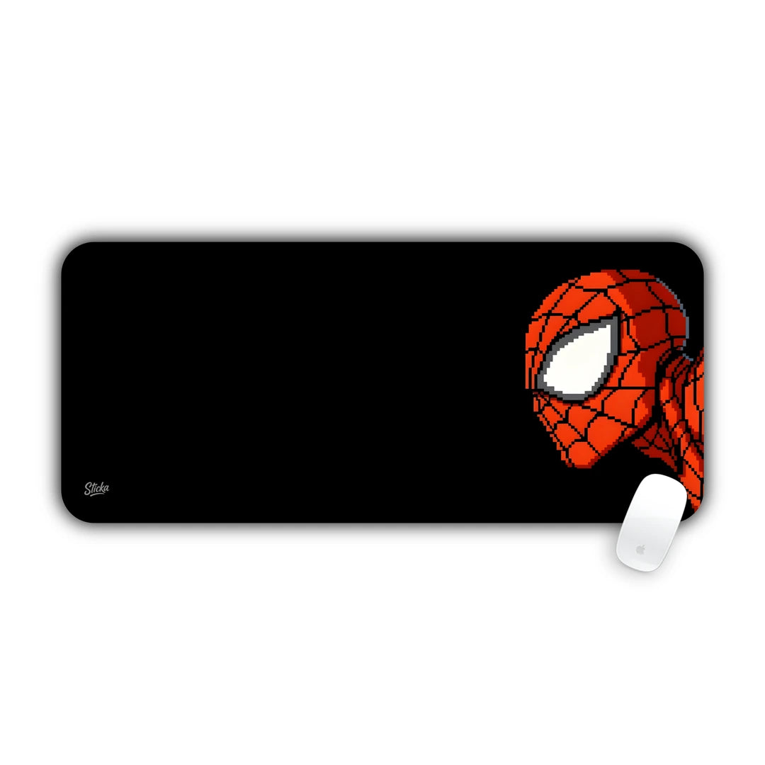 Pixel art Spider-Man looking left on a solid black background desk pad 70x30