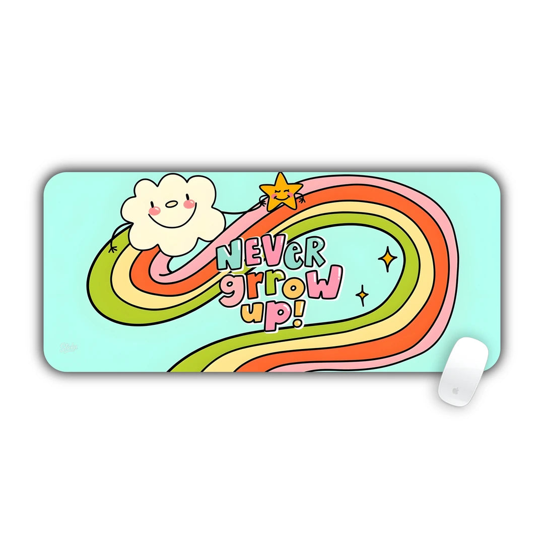 Retro cartoon rainbow with smiling cloud, star, and Never Grow Up text desk pad 70x30