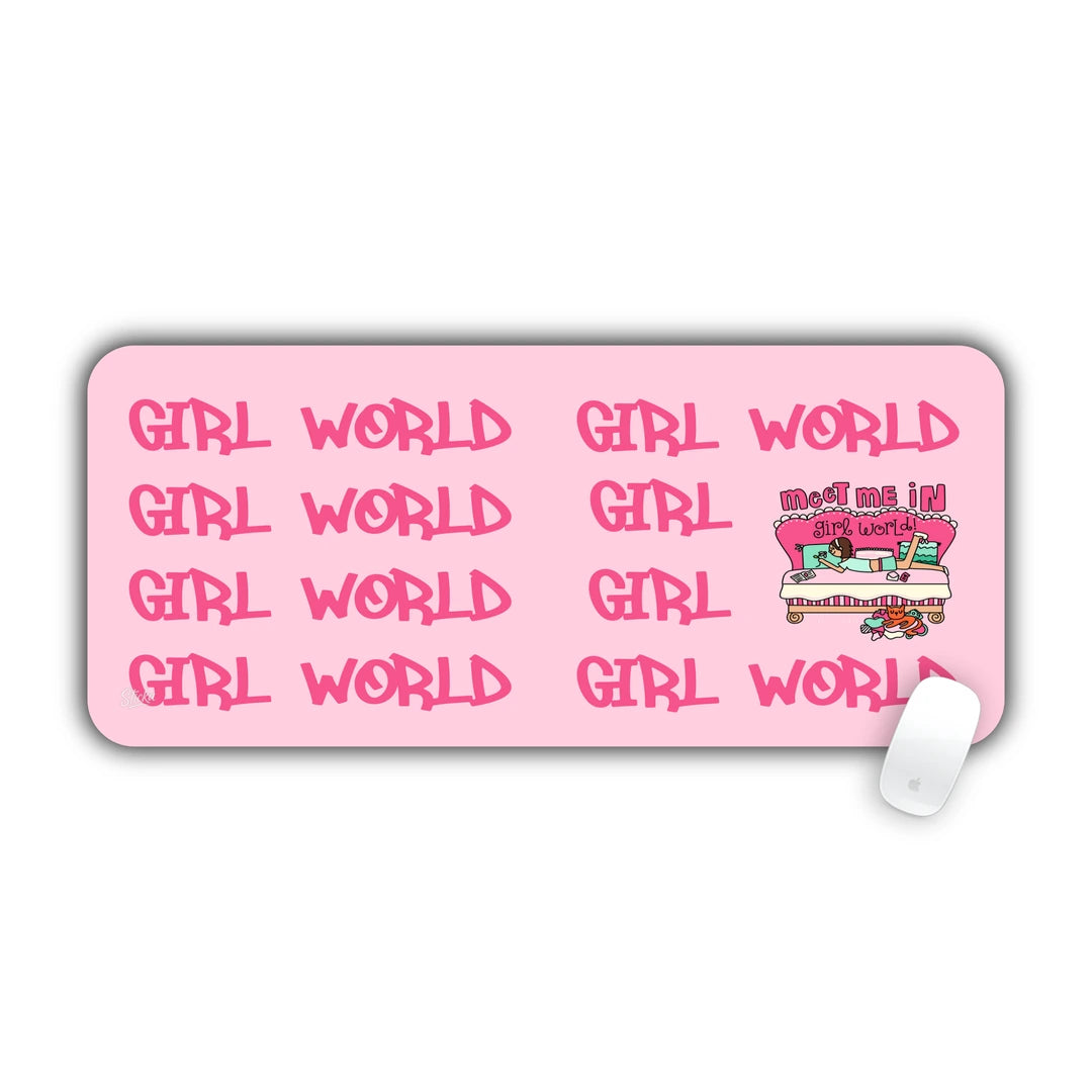 Pink desk pad with repeating Girl World text and cozy bedroom illustration desk pad 70x30