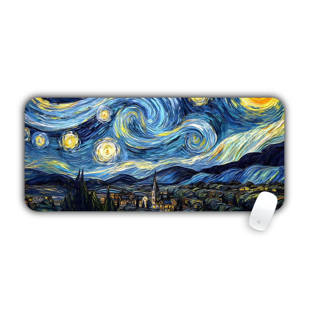Van Gogh style swirling blue night sky with glowing stars and moon over a sleeping village and cypress tree, panoramic painting large mouse pad 70x30