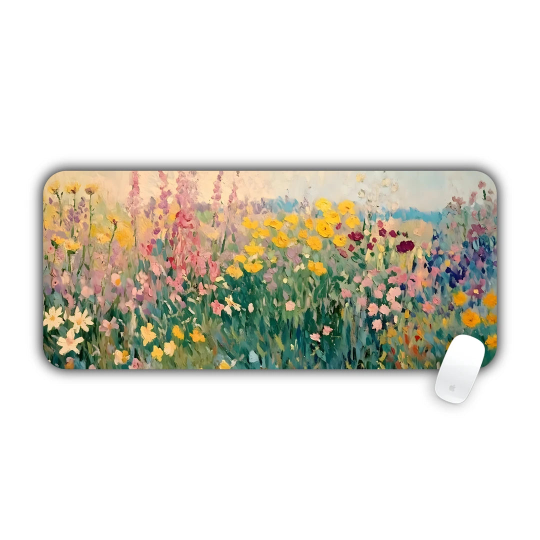 Painted meadow of pink, yellow and purple wildflowers desk pad 70x30