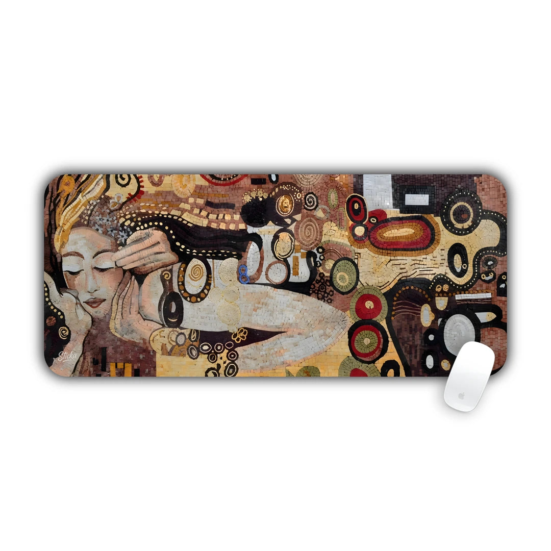 Klimt-style golden mosaic painting of an embracing couple with ornate patterns desk pad 70x30