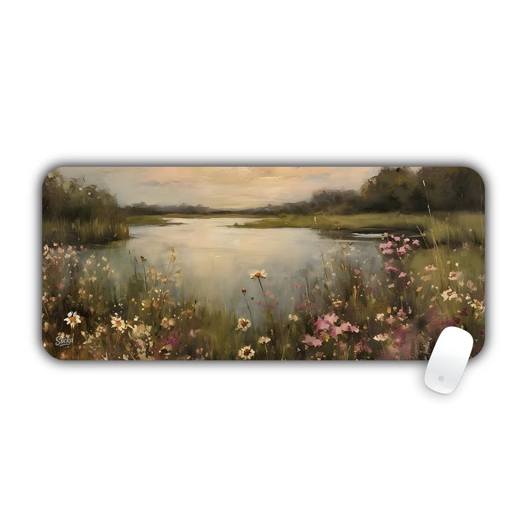 Soft painting of a river winding through a flowering meadow at dusk desk pad 70x30
