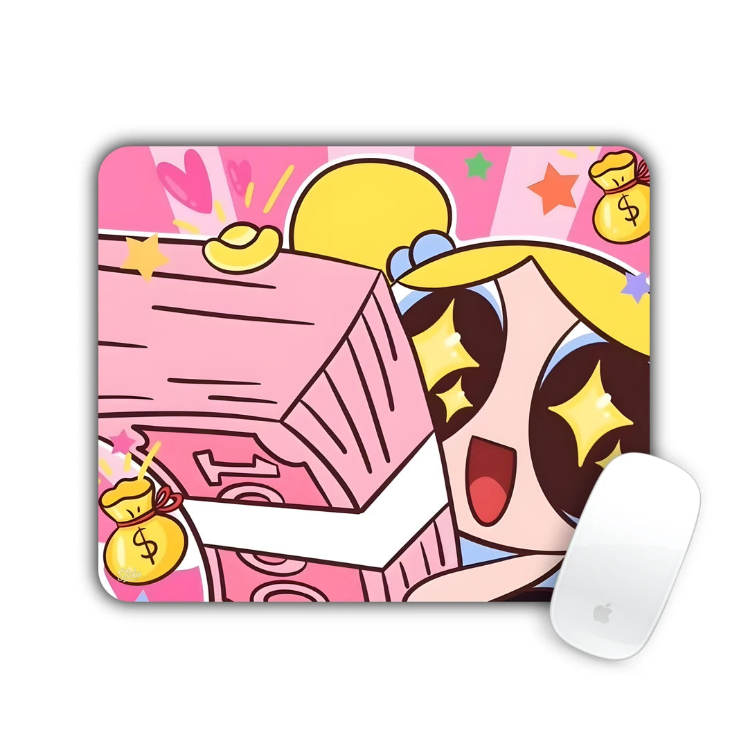Cartoon girl with sparkling eyes grabbing a pink treasure chest of money mouse pad 23x19