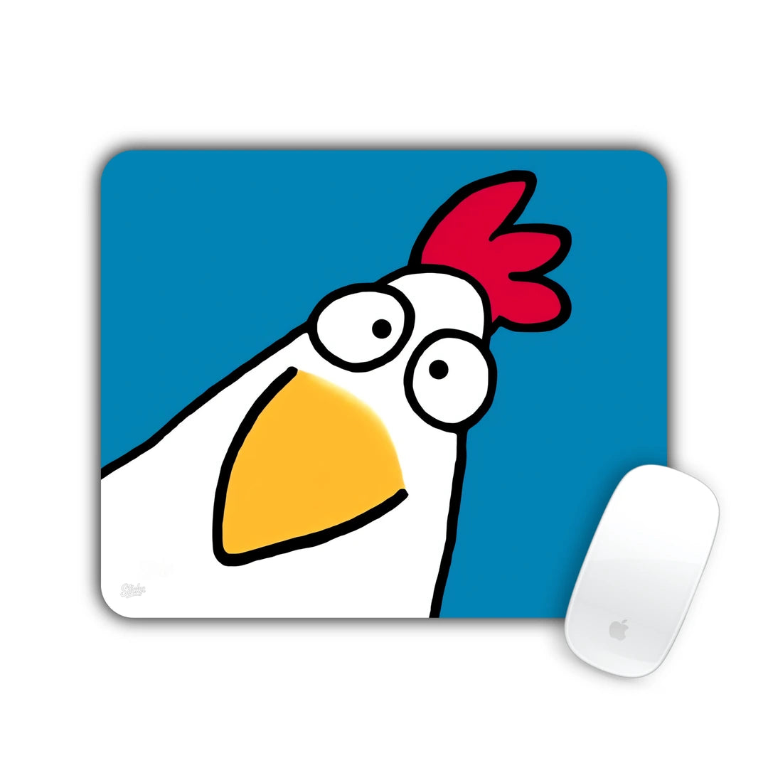 White cartoon rooster with googly eyes on a blue background mouse pad 23x19