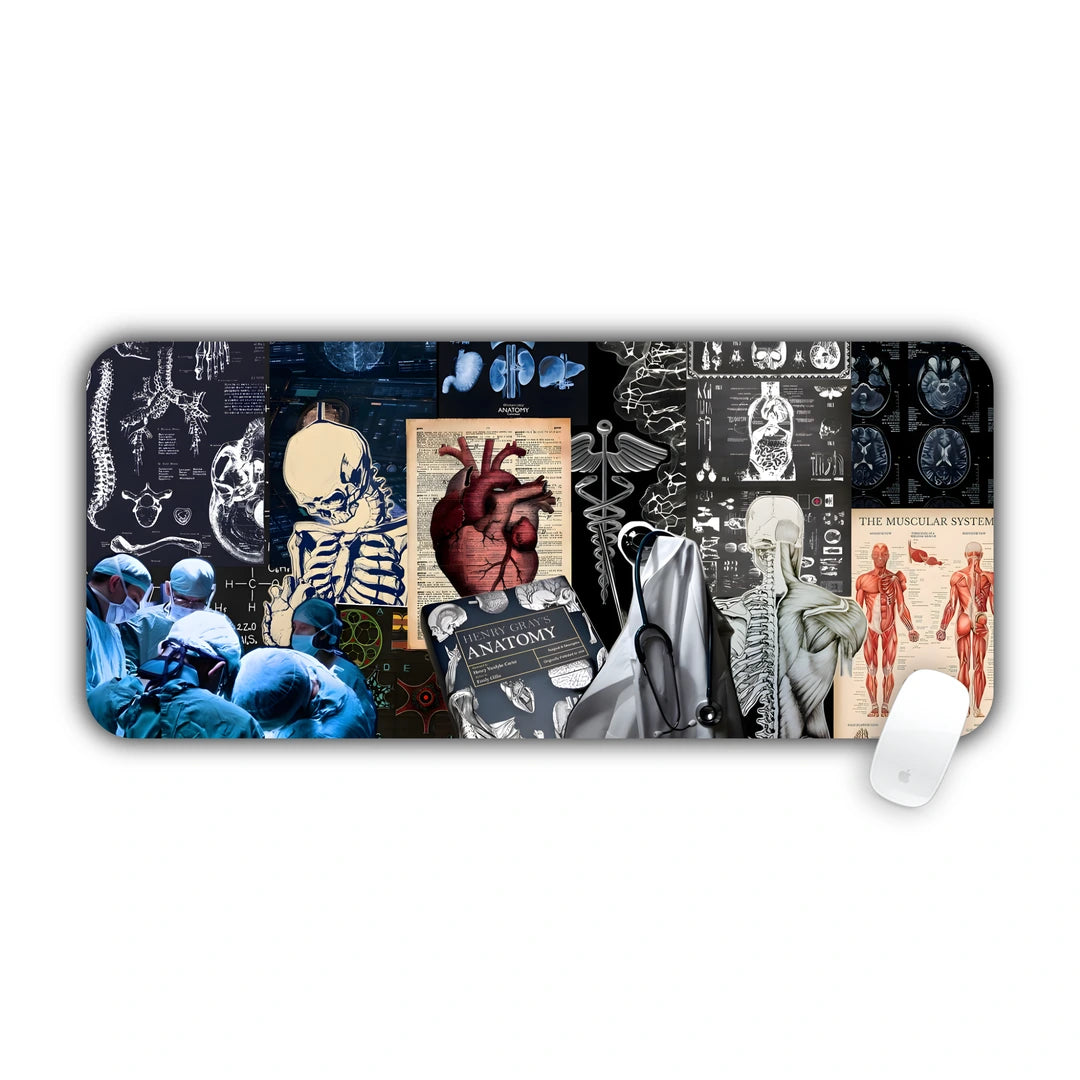 Dark collage of anatomy illustrations, skeletons, x-rays and a heart desk pad 70x30