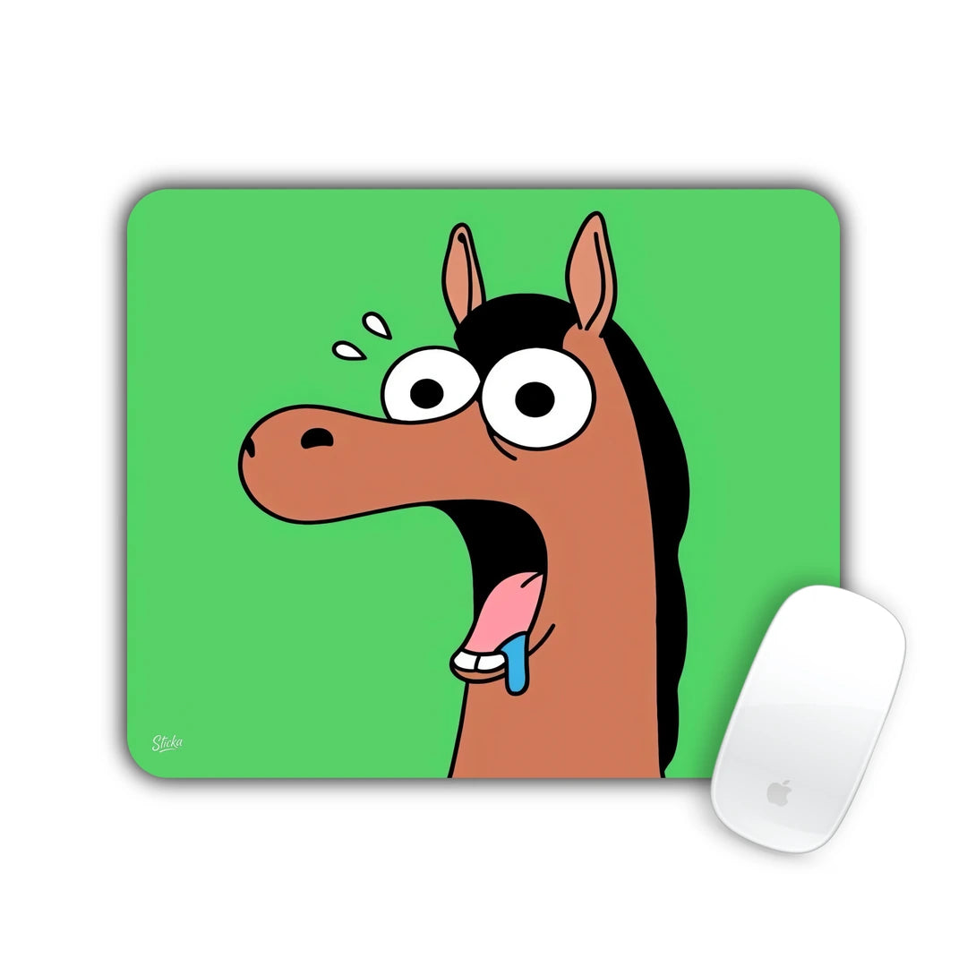 Cartoon horse screaming with a sweat drop on a green background mouse pad 23x19