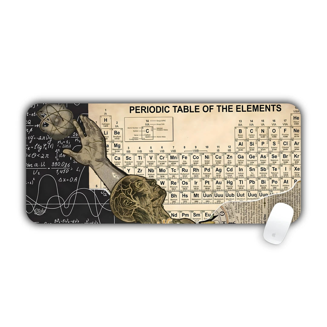 Vintage periodic table of the elements with anatomy sketches and chalkboard equations desk pad 70x30
