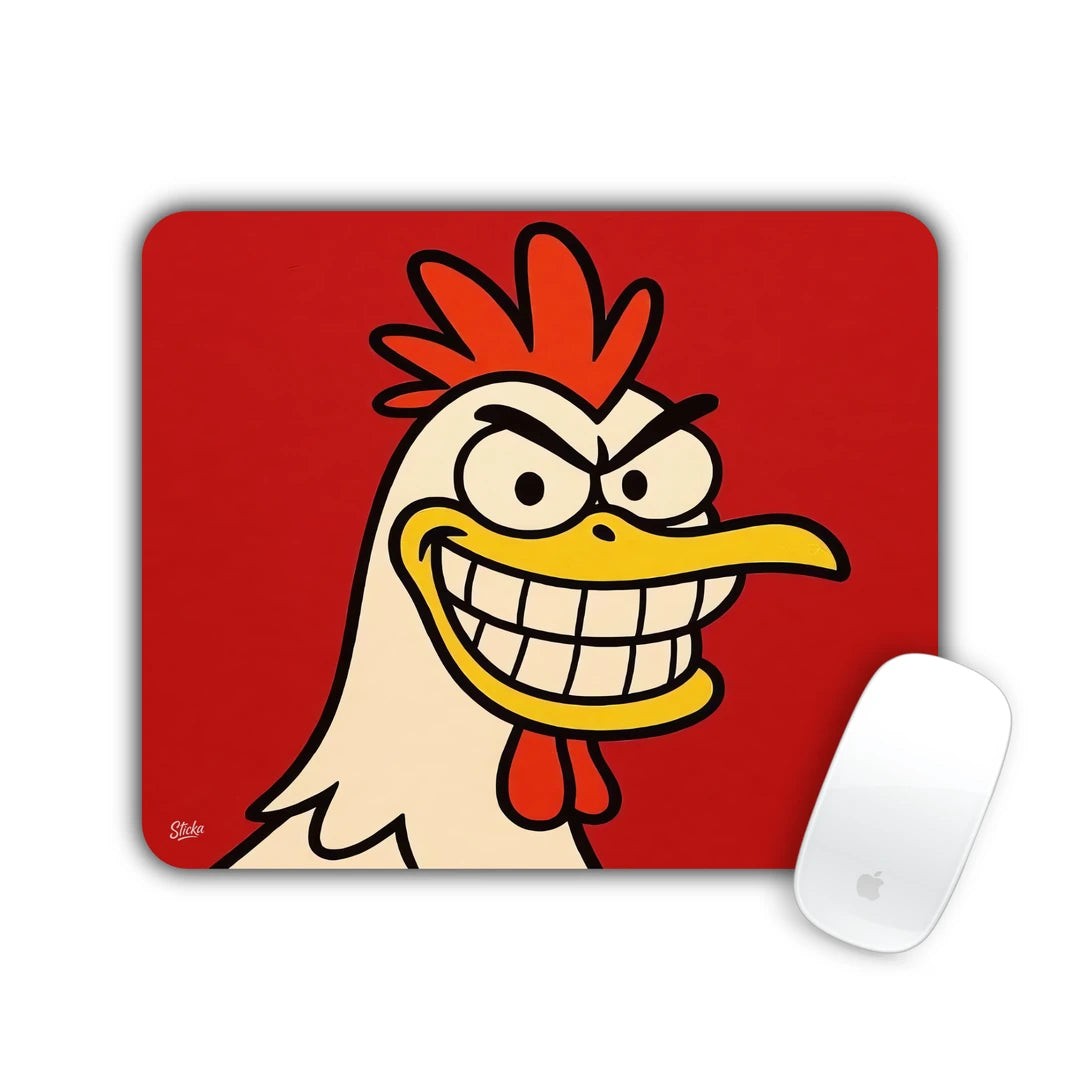 Cartoon rooster with a sly toothy grin on a red background mouse pad 23x19