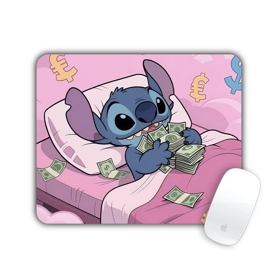 Blue alien character lying in a pink bed full of cash mouse pad 23x19