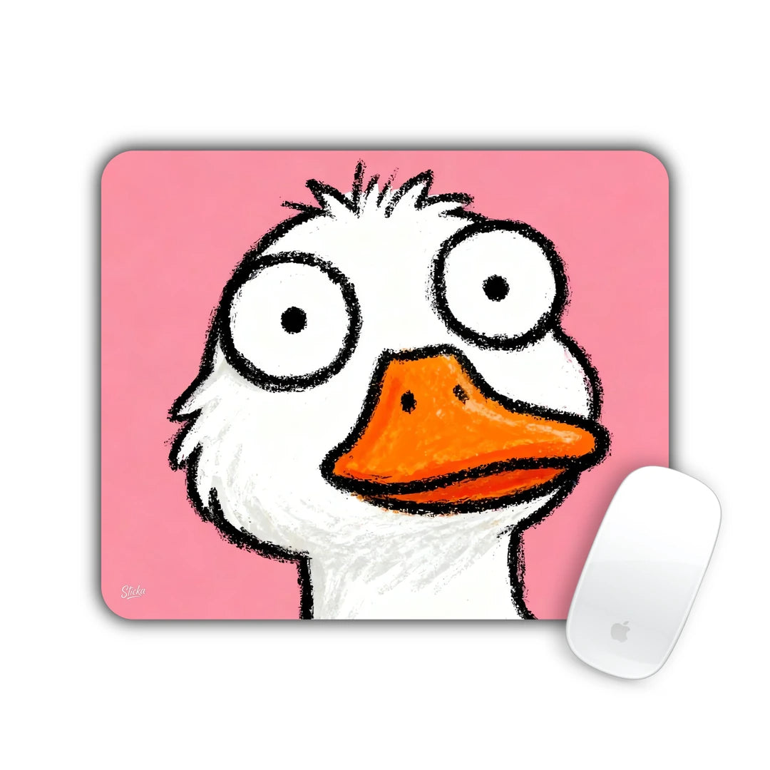 White goose with big eyes and orange beak on pink background mouse pad 23x19