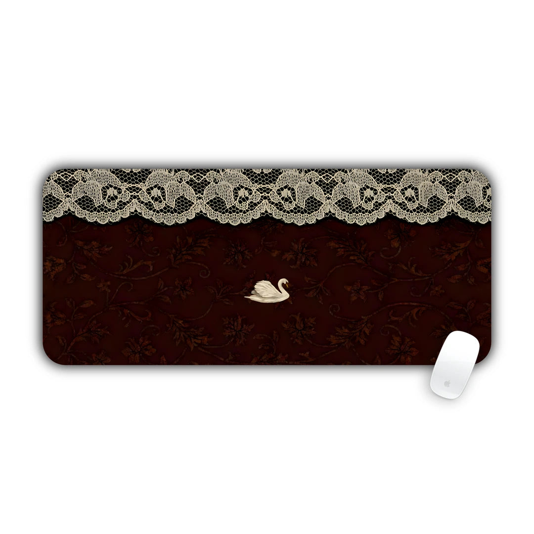 Small swan on dark red floral background under a vintage lace border desk pad 70x30