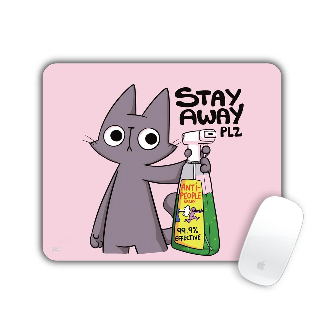 Grey cat holding an anti-people spray with the text Stay away plz mouse pad 23x19