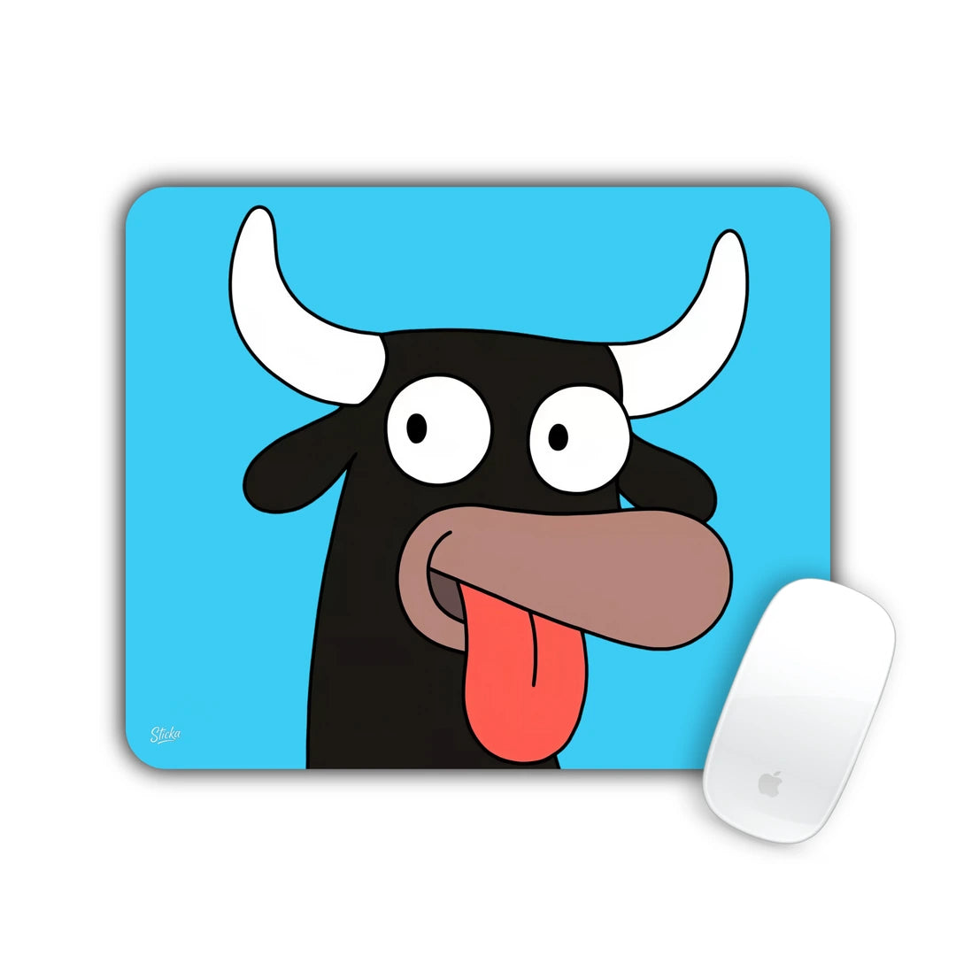 Black cartoon bull sticking its tongue out on sky blue mouse pad 23x19