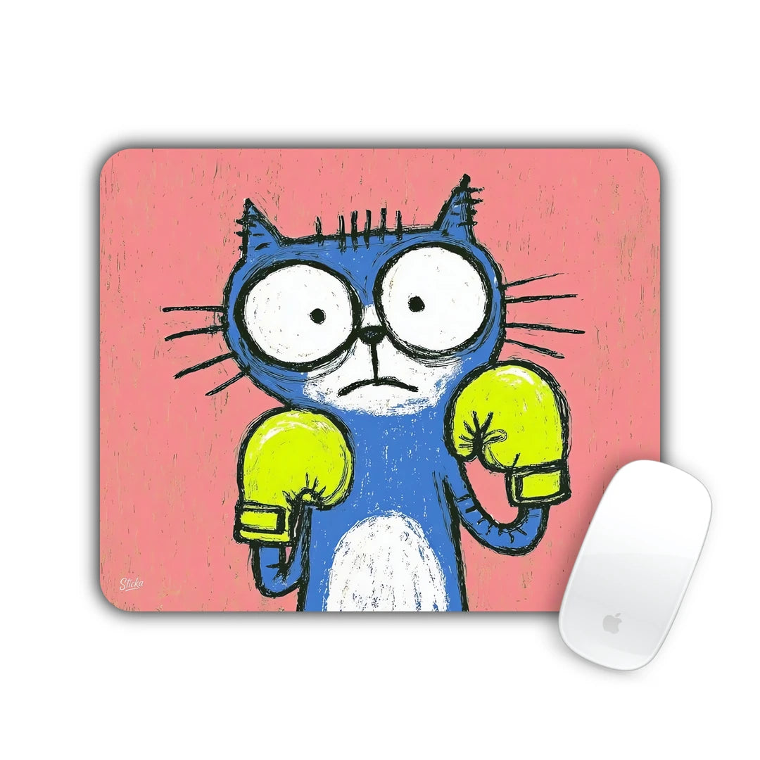 Blue cat wearing yellow boxing gloves on a coral background mouse pad 23x19