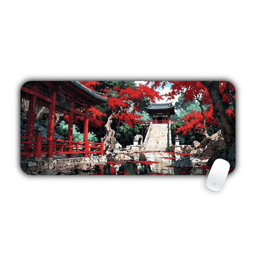 Traditional Japanese shrine and bridge surrounded by vibrant red autumn maple leaves desk pad 70x30