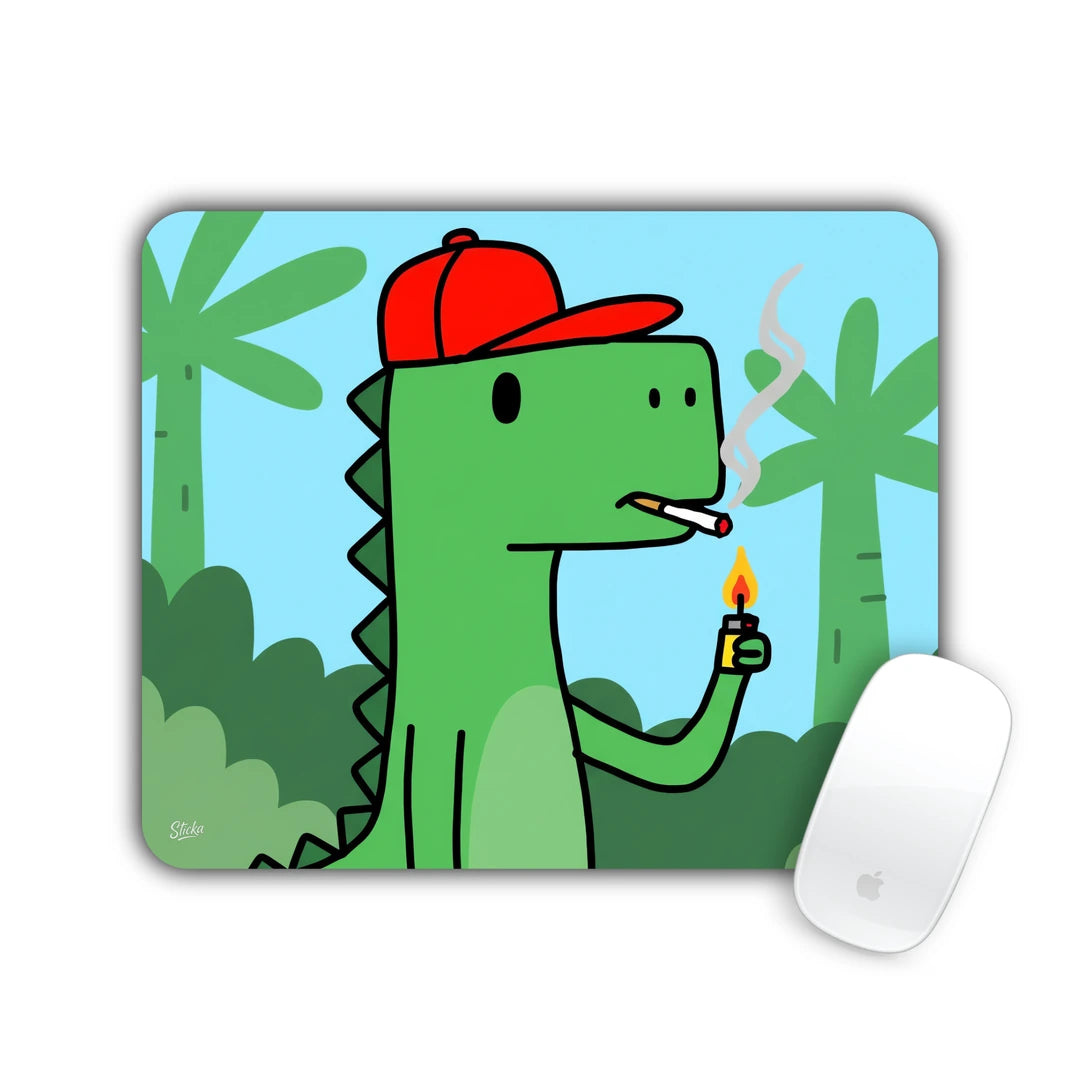 Green cartoon dinosaur in a red cap smoking in a jungle mouse pad 23x19