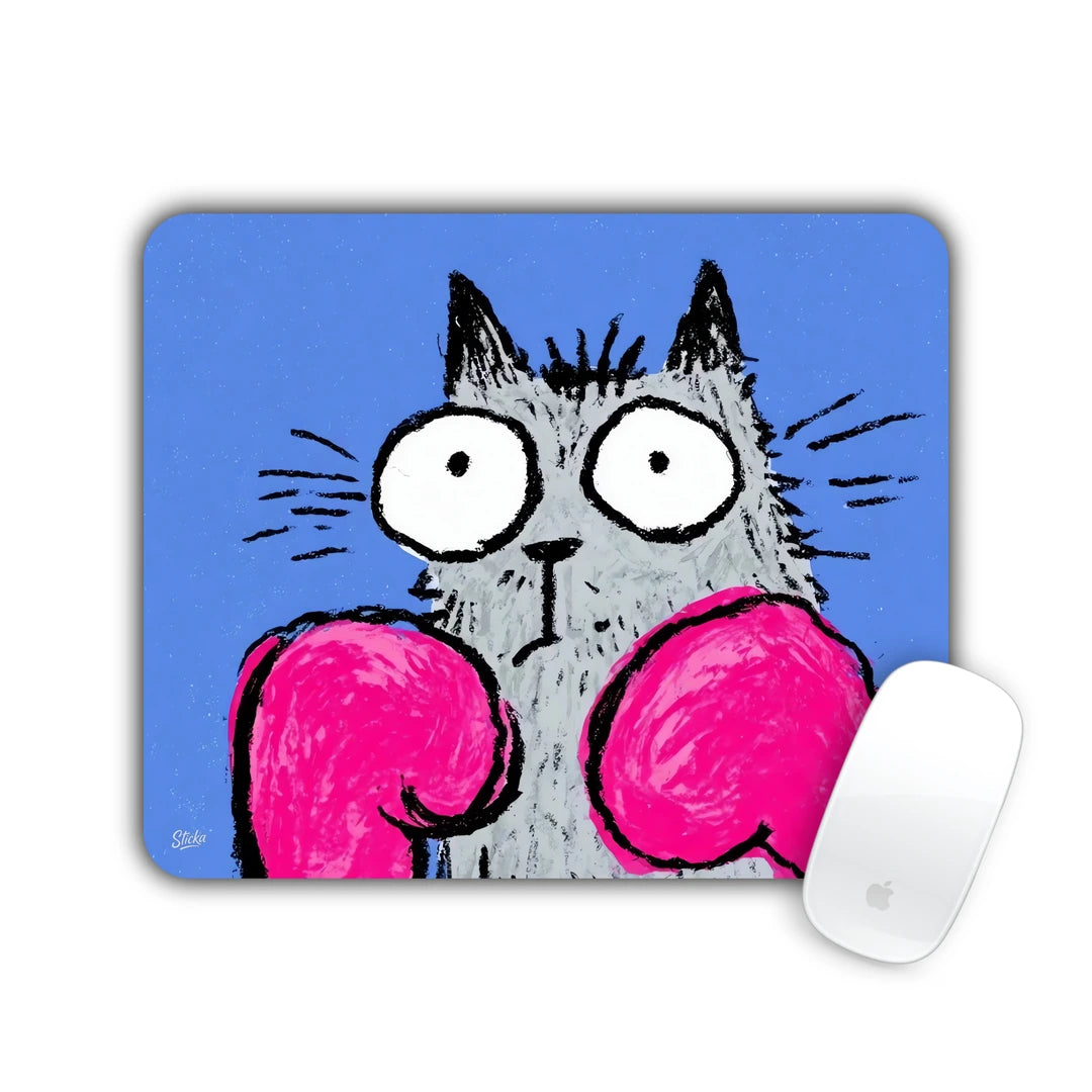 Grey fluffy cat wearing pink boxing gloves on blue mouse pad 23x19
