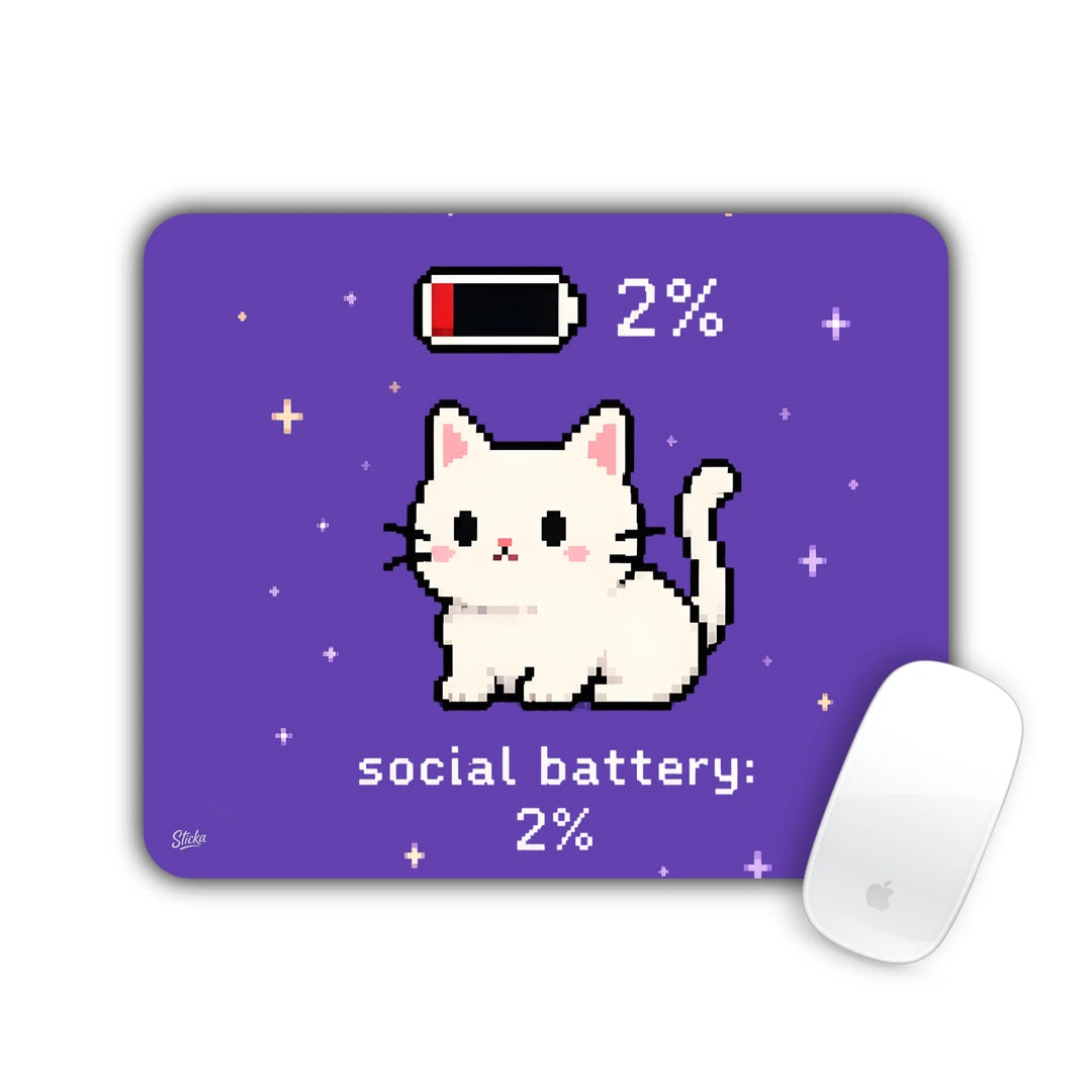 Pixel white cat with a low battery and the text social battery 2% mouse pad 23x19