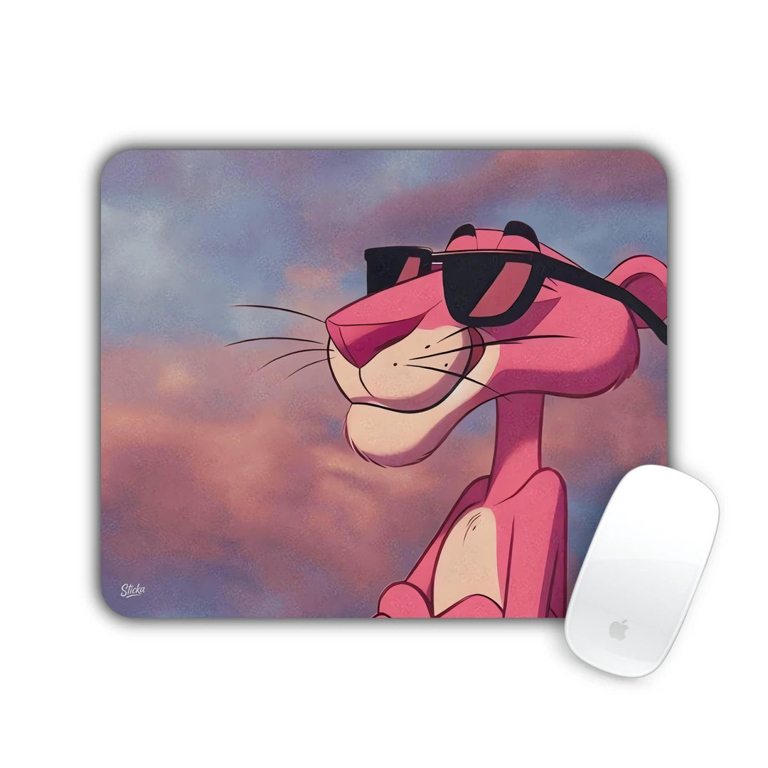 Pink panther character in sunglasses against a cloudy sky mouse pad 23x19