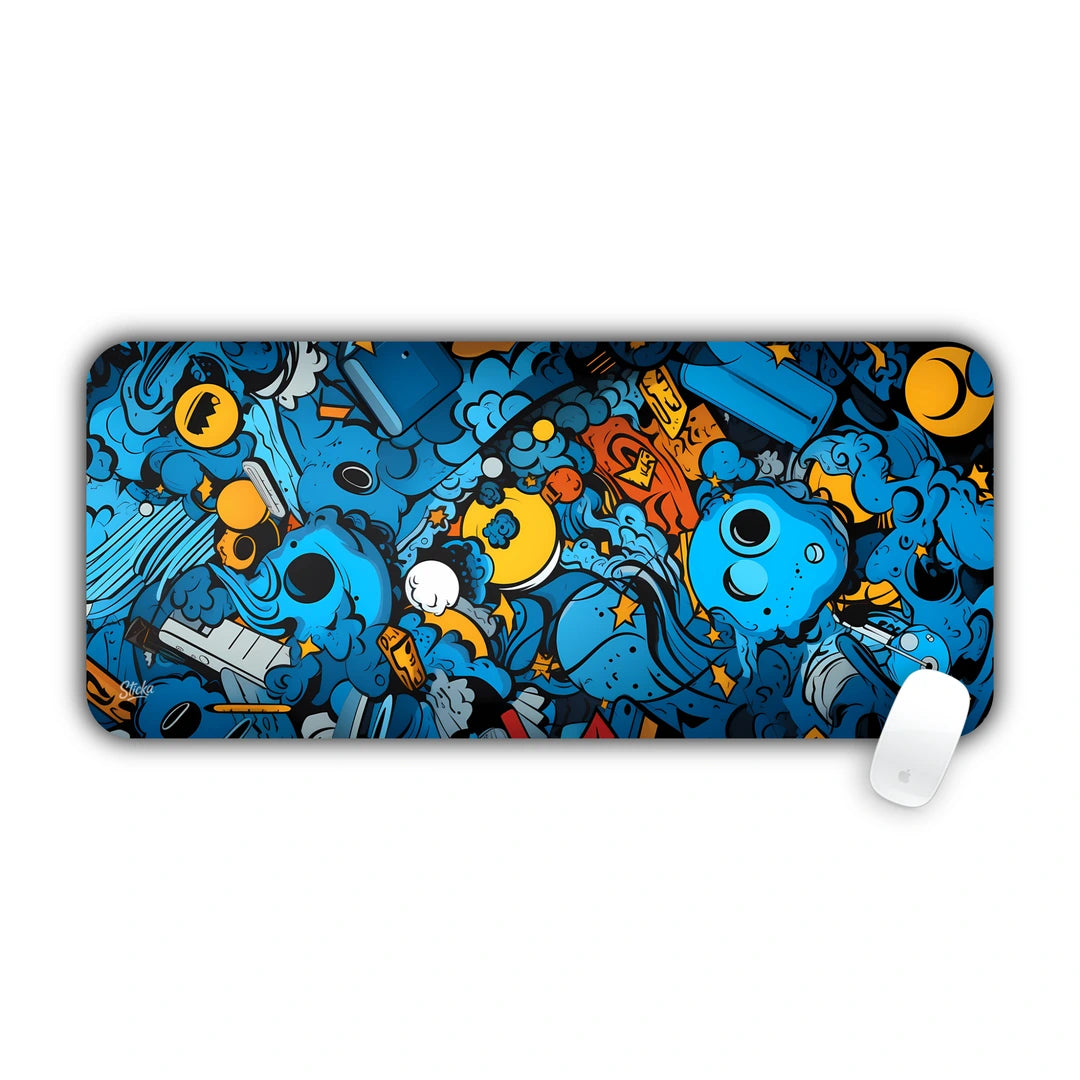 Intricate blue and cyan doodle art featuring cartoon monsters, skulls, and abstract characters desk pad 70x30