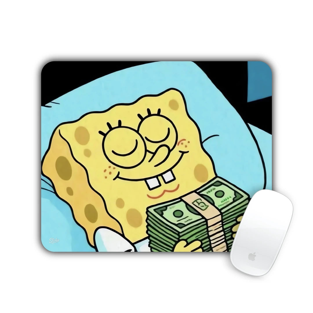 Cartoon sponge sleeping happily hugging stacks of cash mouse pad 23x19
