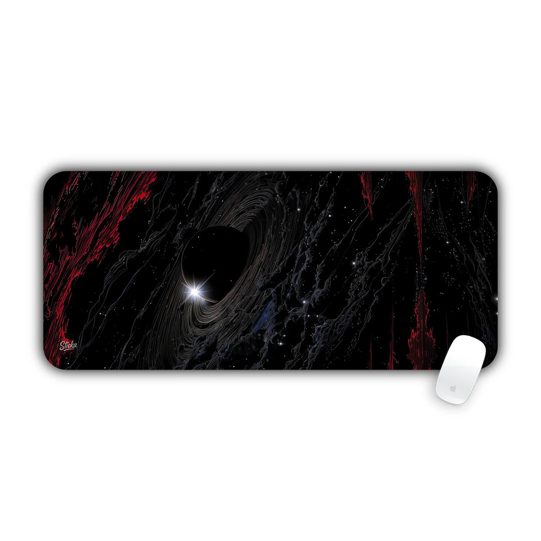 Dramatic black hole with gravitational lensing and accretion disk against dark space desk pad 70x30