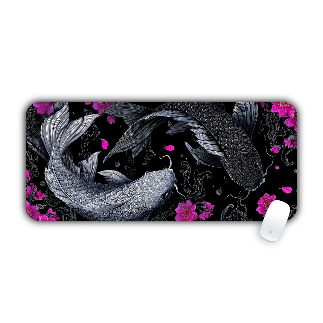 Two koi fish swimming in a circle surrounded by pink cherry blossom flowers on a black background desk pad 70x30