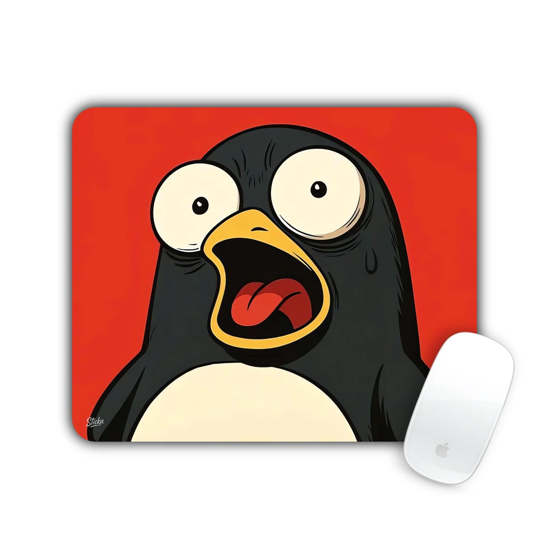 Cartoon penguin screaming with wide eyes on red mouse pad 23x19