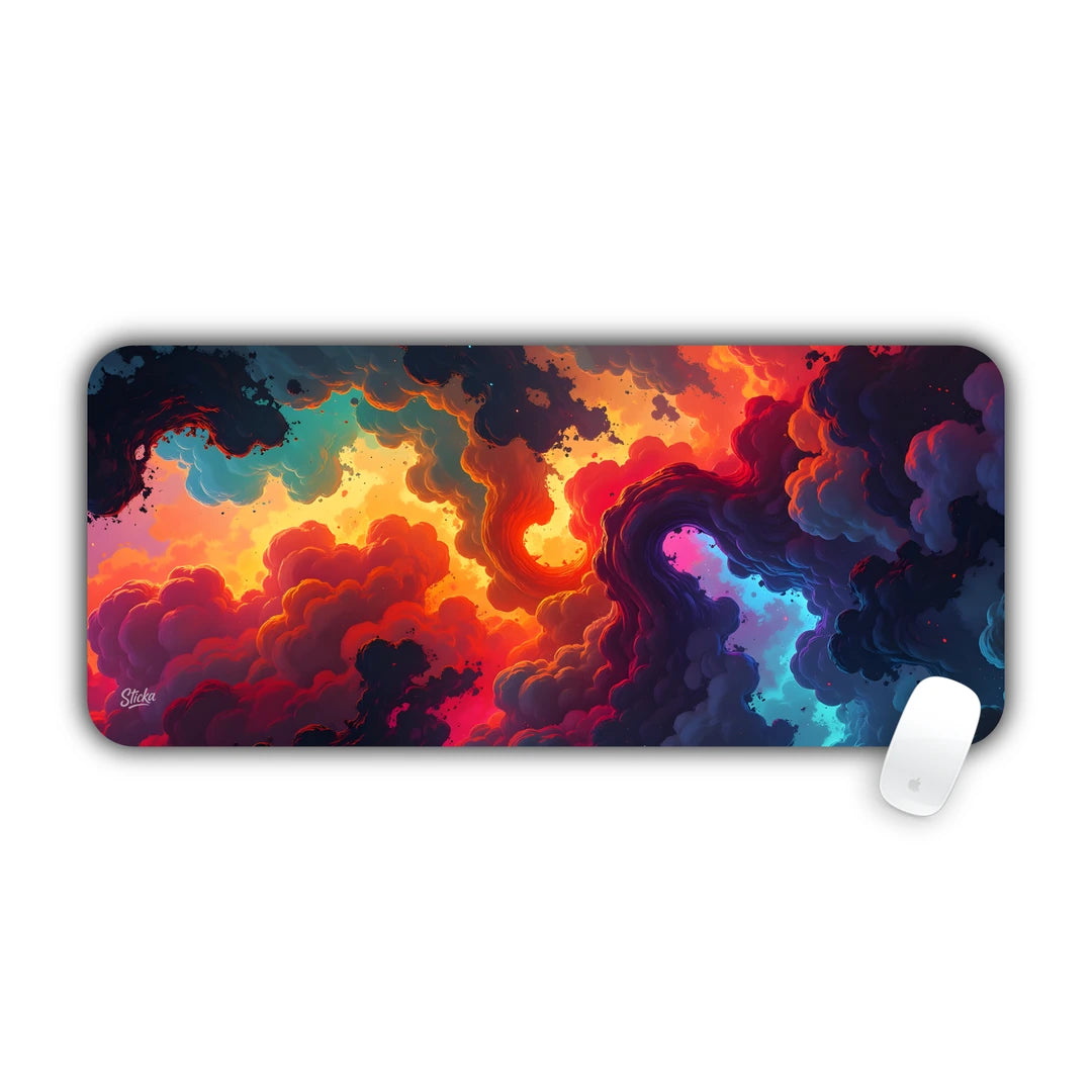 Vibrant multicolored billowing clouds glowing with dramatic sunset light desk pad 70x30