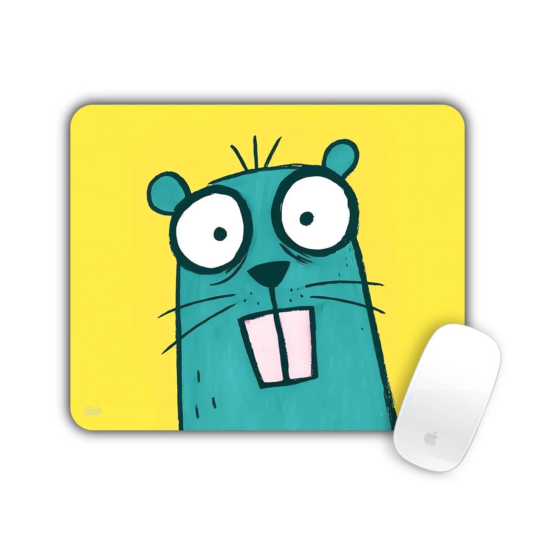 Teal cartoon beaver with buck teeth and wide eyes on yellow mouse pad 23x19