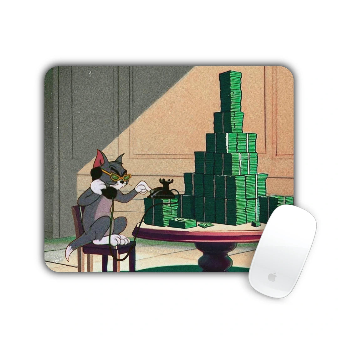 Cartoon cat at a table with towers of cash mouse pad 23x19