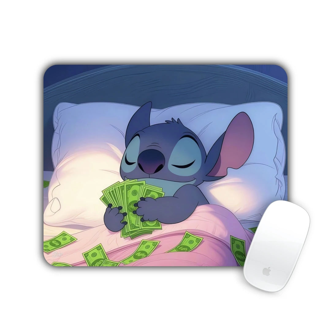 Blue alien character sleeping in bed holding money mouse pad 23x19